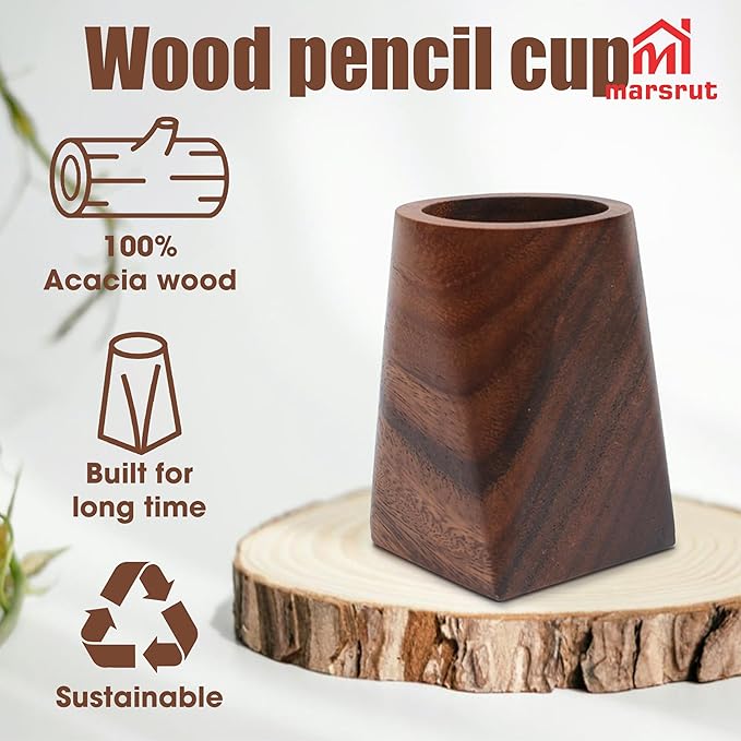 Wooden Pencil Holder, Walnut Wood Pen Cup, Desk Accessories, 4 Inch Organizer Caddy Stand, Vintage Rustic Box for Desktop, Men Supplies, Makeup Brushes, Stationery, Offices Decoration