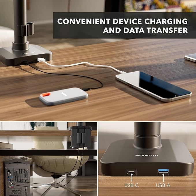 Mount-It! Proflex Series Height-Adjustable Ultrawide Monitor Arm with Pole, Fits 17–49” Screens, Gas Spring, 44 lbs Capacity, USB-C & USB 3.0 Ports, Full Motion, VESA 75/100, Clamp or Grommet