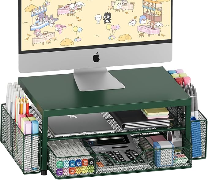 OPNICE Desk Organizers and Accessories, 2-Tier Computer Monitor Stand Riser with Drawer and 2 Pen Holders, Laptop Stand, Office Desk Accessories for Office Supplies, Dark Green