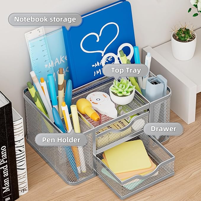 Marbrasse Mesh Desk Organizer, Pen Organizer with 2 Drawer, Multi-Functional Pencil Holder, Desk Organizers and Accessories with 5 Compartments + Drawer for Office Art Supplies (Silver)