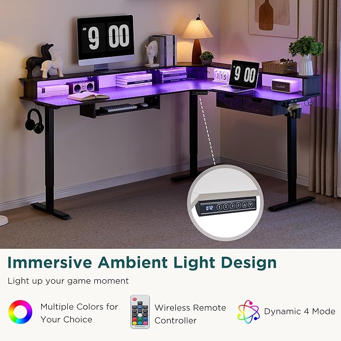 RedLemon 75X60 Inches L Shaped Electric Standing Desk,Height Adjustable Corner Gaming Desk with Drawers, Keyboard Tray, Power Outlets & LED Lights, Computer Desk with Monitor Shelf, Dark Rustic Oak