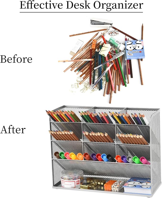 Marbrasse Mesh Desk Organizer, Multi-Functional Pen Holder, Desktop Stationary Organizer, Storage Rack for School, Home, Office, Art Supplies (Mesh Pen Holder-Silver)