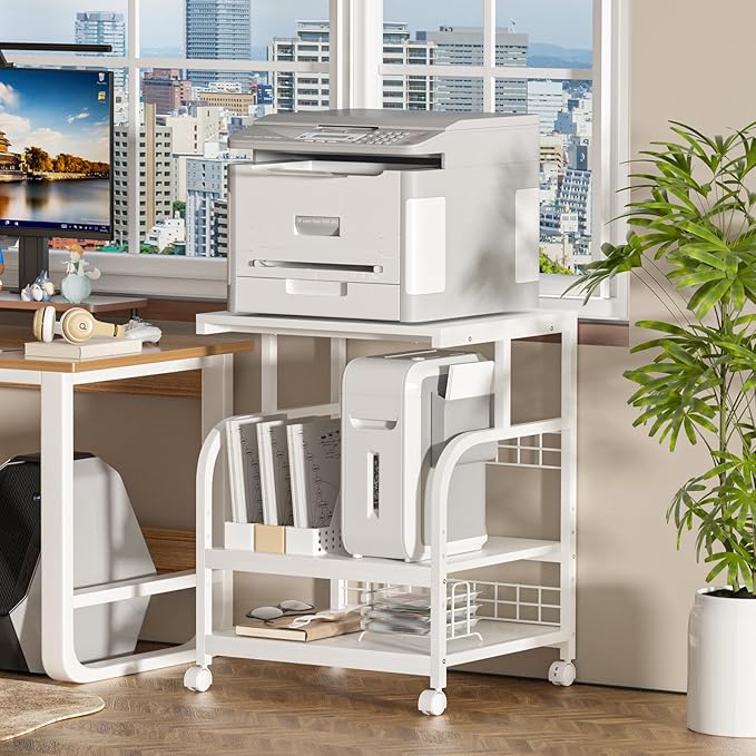Lerliuo Large Printer Stand with Storage, 23.6"W x 18.9"D x 30.2"H, 5-Adjustable Shelf Heights Mobile 3 Tier Table with Lockable Wheels, Industrial Rolling Printer Cart, White Stands for Home Office