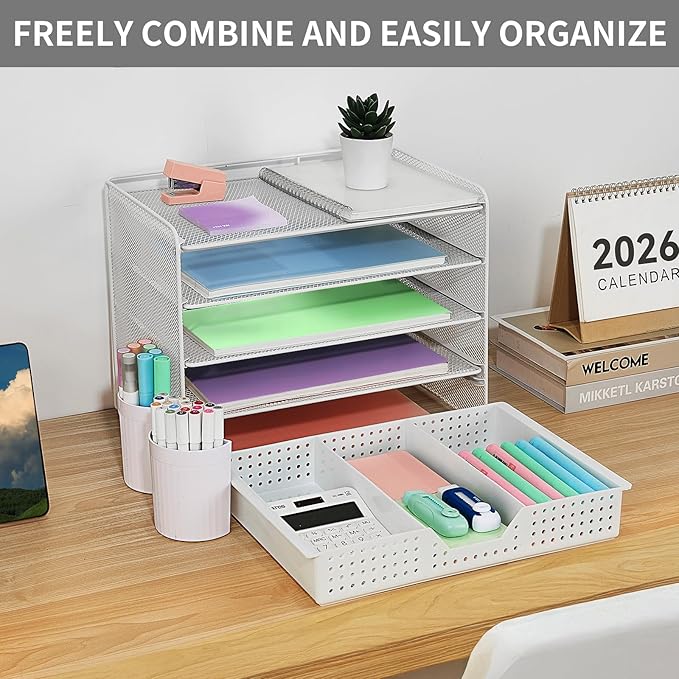 Desk Organizer and Accessories, 5-Tier Paper Letter Tray Organizer with Drawer & 2 Pen Holders for Desktop File Organization, Office Desk Accessories for Supplies Storage (White)