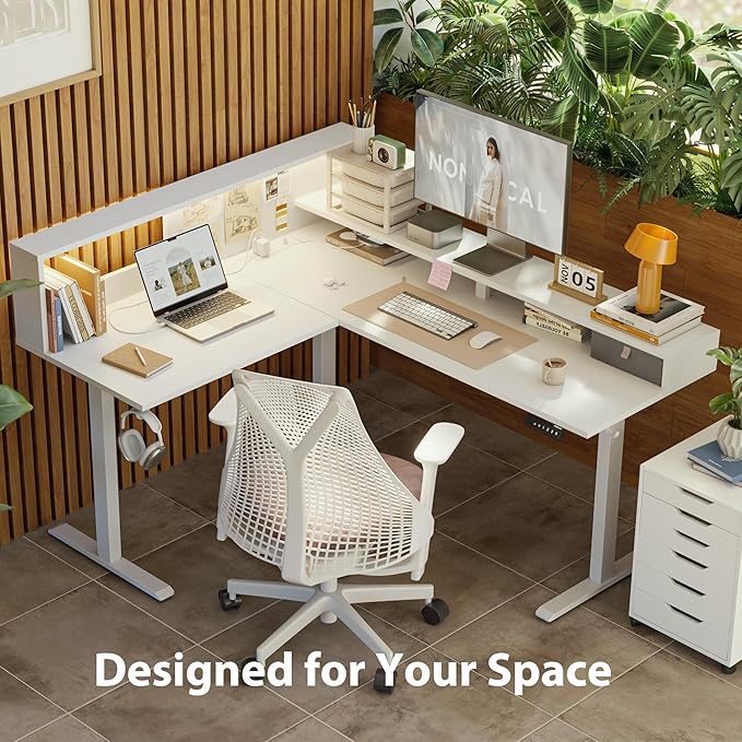 Agilestic L-Shaped Electric Standing Desk, 63x55 Inch Ergonomic Adjustable Height Desk with Storage, Stand Up Corner Desk Sit Stand Computer Table Power Outlet & LED Lights, Office Table, White