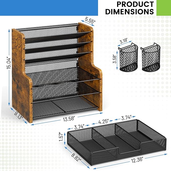 6-Tier Mesh Desk Organizer with Drawer, Wooden Office Organizer for Papers, Folders & Office Supplies - Sturdy Desktop File Holder with 2 Pen Holders - Space Saving Home Office Accessories