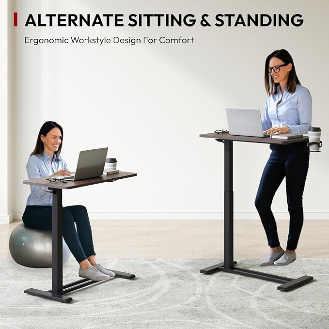 SANODESK Mobile Standing Desk with Hidden Wheels,Pneumatic Laptop Desk Rolling Computer Cart Movable Height Adjustable Small Sit Stand Desk for Home Office(27.6" W x 15.7" D, Maple)