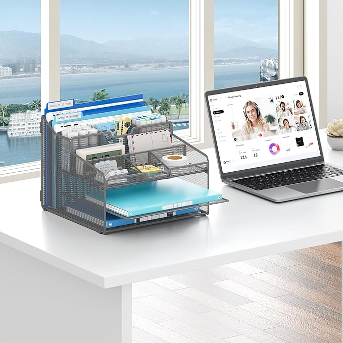 Lavatino Desk Paper File Organizer - Metal Mesh with 2 Letter Trays, 7 Flexible Dividers, 2 Vertical File Folder Holders for Office/Home/Classroom Supplies, Desk Organizers and Accessories, Grey