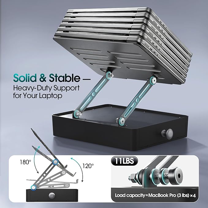 Laptop Stand with Storage Drawer, Heavy-Duty Metal Laptop Riser for Desk, Ergonomic Height & Angle Adjustment for 10–16.2″ Laptops, Gray