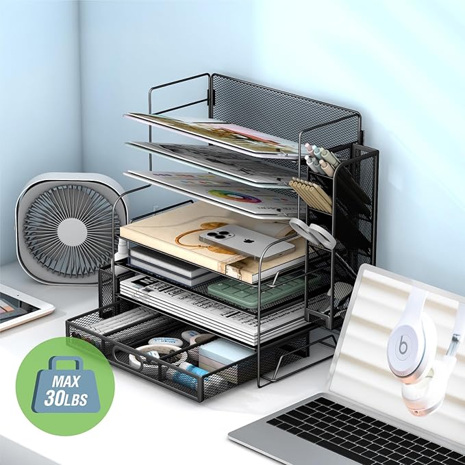 7 Tier Desk File Organizer Office storage Desk Accessories, Desktop Organizer for Office Supplies with Drawer and 2 Pen Holders (Black)