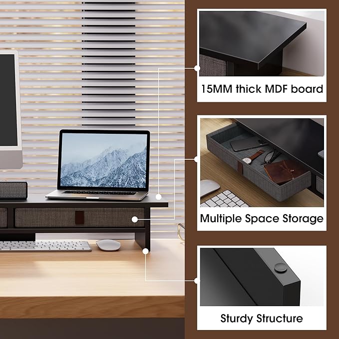 Fenge Monitor Stand with Drawer, 2 Tiers Dual Monitor Riser for Desk, 35 Inch Computer Stand for 2 Monitors, Desk Shelf for Home, Office, Laptop, PC, TV, Printer