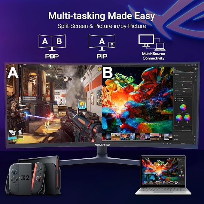 34 Inch Curved Monitor 180Hz, UWQHD 3440x1440p Ultrawide Gaming Monitor R1500 with Speaker, PIP/PBP, 4000:1 Contrast, sRGB126%, HDR, FreeSync & G-SYNC, 1ms(MPRT), HDMI/DP Port, Adjustable Stand, VESA