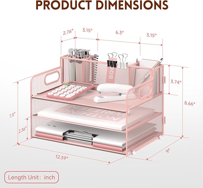 SUPEASY 3 Tier Desk Organizer with Handle & 3 Pen Holders, Mesh Paper/File Organizer for Desk, Paper Letter Tray Organizer for Office Supplies (Cute Pink)