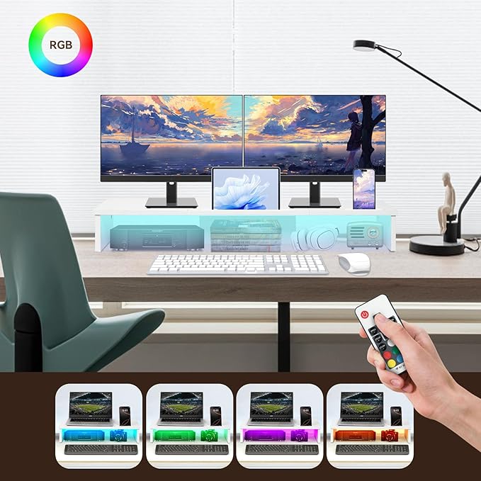 TV Riser Stand with LED Lights, 42.5in Super Large Monitor Stand with Phone Tablet Holder, Tabletop TV Stand Riser for Desk, Desktop Organizer for Computer, TV, Laptop, Printer