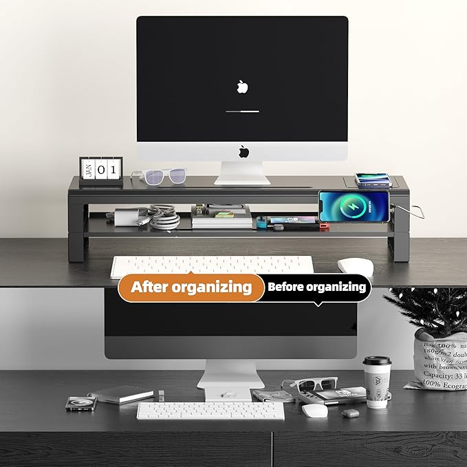 All-in-One Dual Monitor Stand Riser, 5USB Ports and WirelessCharging Pad for MonitorsDesk Organizer for PC, iMac (Wireless Charging, Two-layer 700mm)