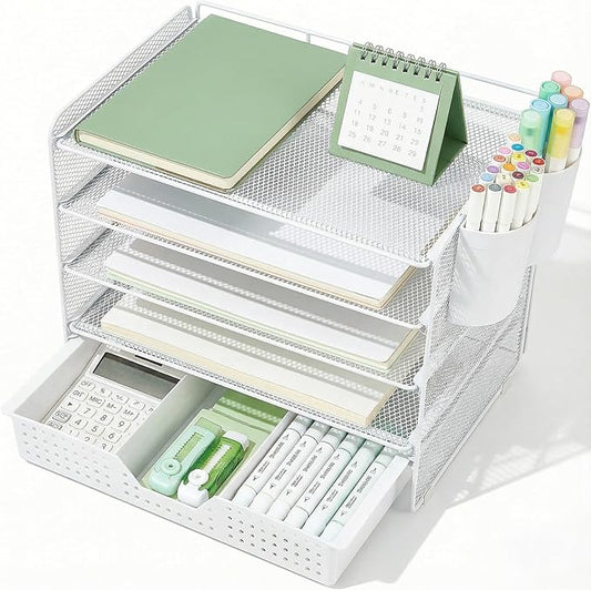 Desk Organizer and Accessories, 5-Tier Paper Letter Tray Organizer with Drawer & 2 Pen Holders for Desktop File Organization, Office Desk Accessories for Supplies Storage (White)