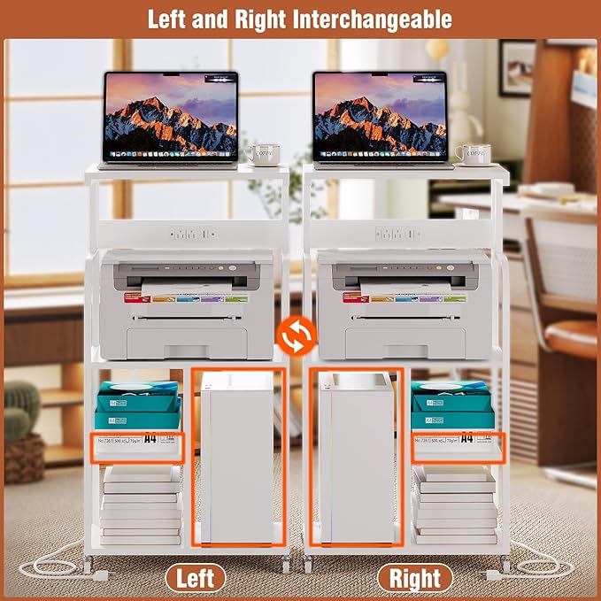 VEDECASA Mobile High Printer Stand with Power Outlet Charging Plugs USB Port Office Storage Shelf Includes Computer Tower CPU Stand Holder with Wheel (White)