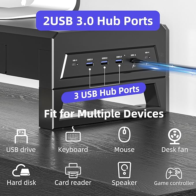 Computer monitor stand with three drawer ，22W charging , 2 USB 3.0 , and 1 USB 2.0 ，Laptop Desk Shelf & Monitor Riser 27.55 inches long desk riser Monitors/PC/Laptop/Computer Space Saver Organizer ，Heavy Duty Gift Gaming Studio Office(USB Hub Fast Char...