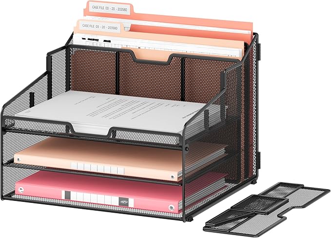 Lavatino Desk Organizer - Metal Mesh with 2 Paper Letter Trays, 7 Flexible Dividers, 2 Vertical File Holders for Office/Home/Classroom Supplies, Desk Organizers and Accessories, Black