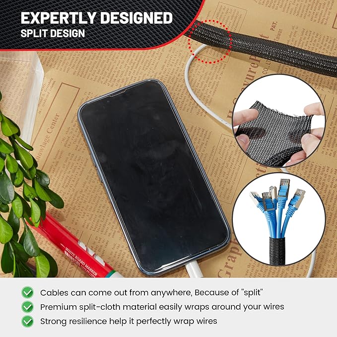 RED WOLF 10 Feet - 1 Inch Braided Wire Cable Sleeve Split Wiring Loom Tube Flexible Self-Wrap for Automotive Computer Cable Cord Management Cover Protector, Anti-Scratch High-Temperature Black Loom