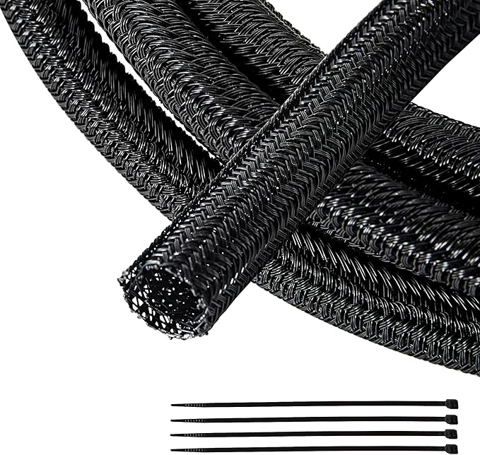 RED WOLF 1/4” x 10FT Cable Sleeves Cord Management Braided Wire Loom Sleeving Protector Wiring Cable Cover Flexible Self-Wrap for Automotive Home Office Anti-Scratch High-Temperature Black