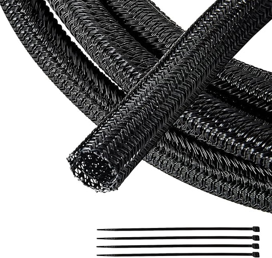 RED WOLF 1/4” x 10FT Cable Sleeves Cord Management Braided Wire Loom Sleeving Protector Wiring Cable Cover Flexible Self-Wrap for Automotive Home Office Anti-Scratch High-Temperature Black