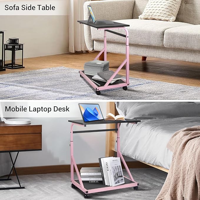 Computer Tower Stand, 2-Tier CPU Holder with Lockable Wheels, Adjustable Height PC Stand for Floor, Mobile PC Laptop Standing Table for Home Office (Black and Pink)