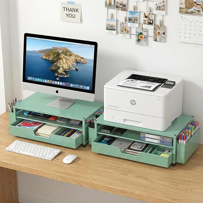 Desk Organizer and Accessories, 2-Tier Computer Monitor Stand Rise with Storage Drawer & 2 Pen Holders, Laptop & Printer Stand for Desktop, Workspace Organizers for Office Supplies (Green)