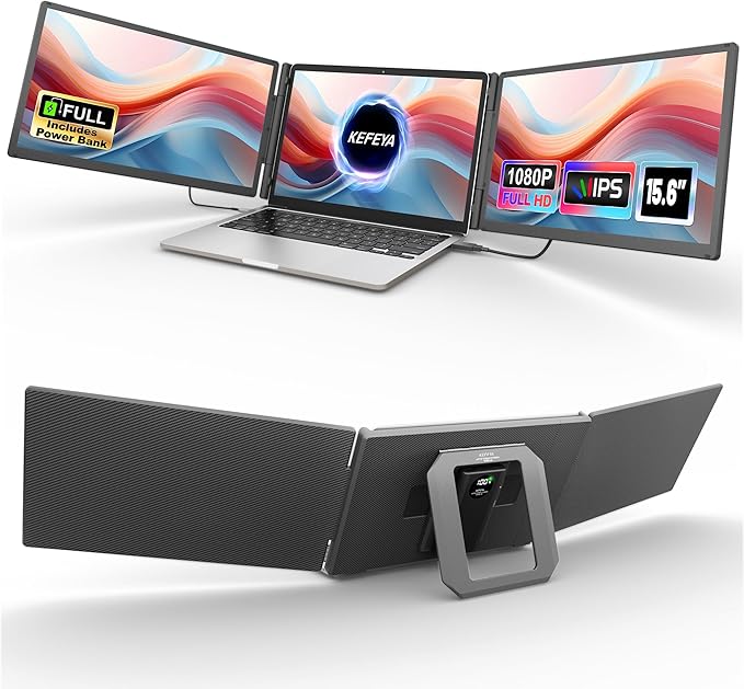 KEFEYA 15.6" Laptop Screen Extender, Includes Power Bank, FHD 1080P IPS Triple Laptop Monitor Extender for 13-17" Laptops, Plug & Play with HDMI/USB-A/TYPE-C/Hub, Compatible with Windows, Mac, Android