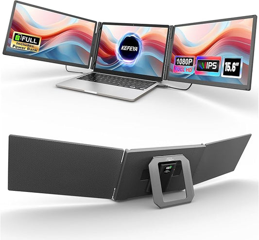 KEFEYA 15.6" Laptop Screen Extender, Includes Power Bank, FHD 1080P IPS Triple Laptop Monitor Extender for 13-17" Laptops, Plug & Play with HDMI/USB-A/TYPE-C/Hub, Compatible with Windows, Mac, Android