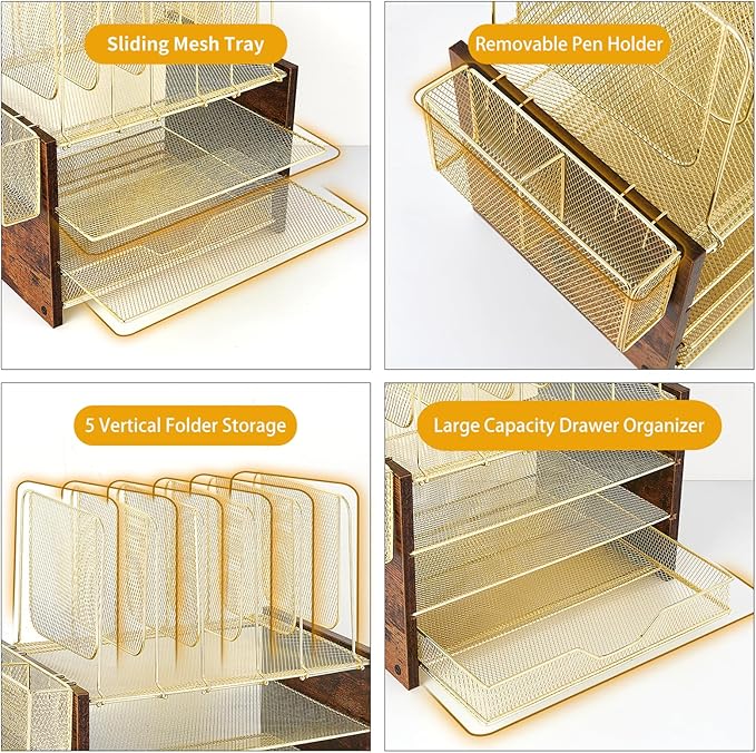 OPNICE Gold Desk Organizers and Accessories,4-Tier Desktop File Organizer with Drawer, Wood Paper Organizer with 5 Vertical File Holders and Pen Holder for Office Supplies