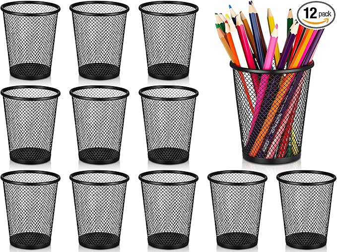 Leelosp 12 Pcs Pen Holder Mesh Pen Cup Bulk Metal Pencil Cup Holder for Desk Black Organizer Round Office Classroom for Back to School Students Kids Adult