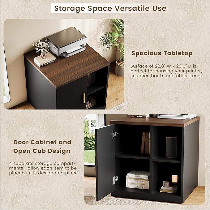 File Cabinet Under Desk Storage Cabinet with Door, Printer Stands with Open Adjustable Shelves, 23" Tall End Side Table for Office, Living Room, and Study, Black Walnut