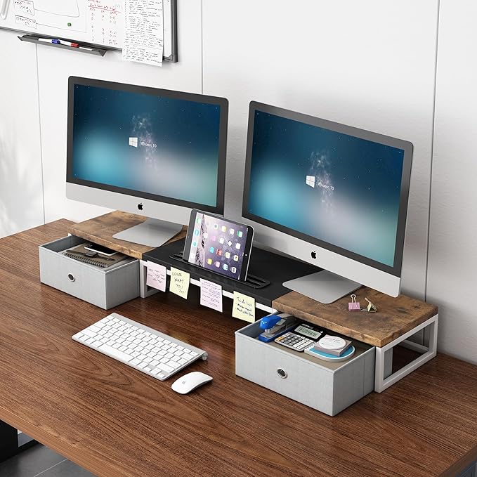 Mexin Dual Monitor Stand Riser with 2 Drawers - 39Inch Large Storage Computer Monitor Stands for 2 Monitors, Wooden Desktop Organizer Perfect for Home Office Desk, Computer, Laptop, TV