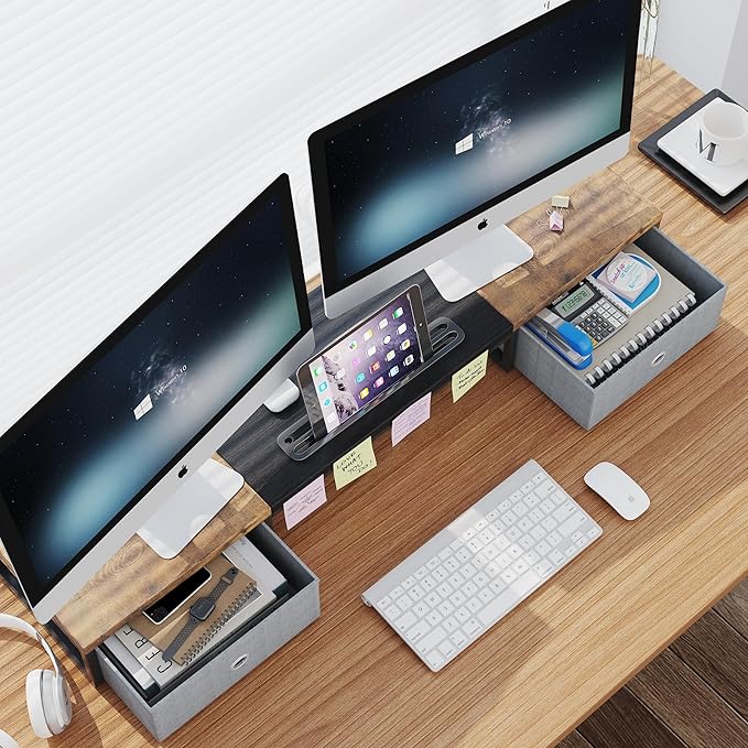 Mexin Dual Monitor Stand Riser with 2 Drawers - 39Inch Large Storage Computer Monitor Stands for 2 Monitors, Wooden Desktop Organizer Perfect for Home Office Desk, Computer, Laptop, TV