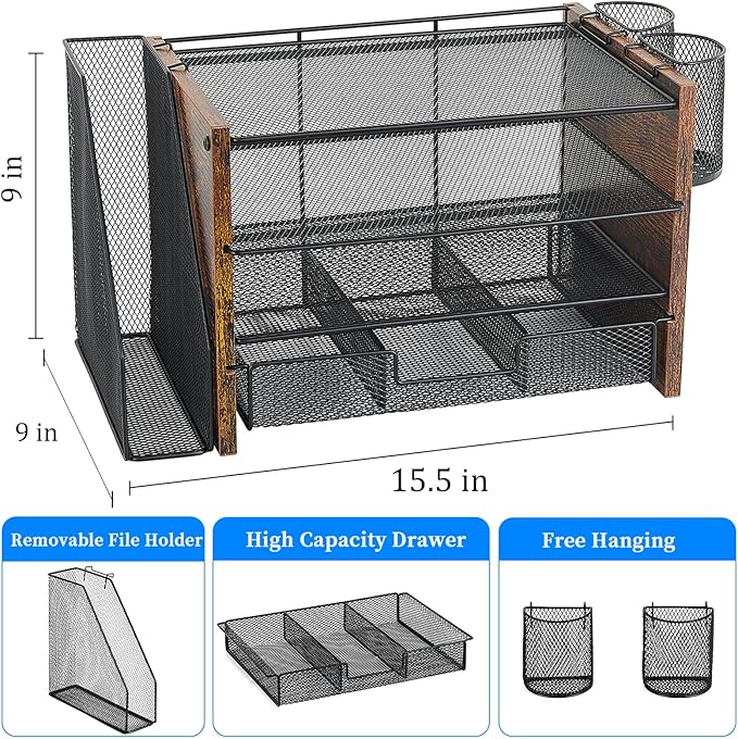 OPNICE Desk Organizer, 4-Tier Desktop File Organizer with Drawer and 2 Pen Holders, Office Desk Accessories, File Sorters, Workspace Organizers for Office Supplies(Brown Wood)