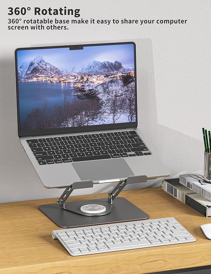 ALASHI Laptop Stand for Desk with 360° Rotating Base, Multi-Angle Adjustable Laptop Stands, Foldable Laptop Riser Compatible with 10 to 15.6 Inches PC Computer, Grey