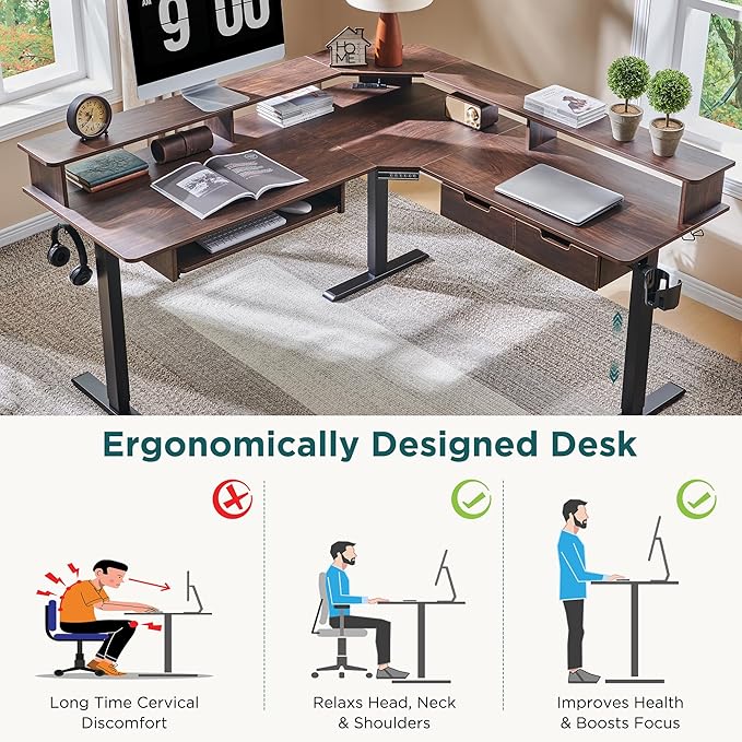 RedLemon 60 Inches L Shaped Electric Standing Desk, Height Adjustable Corner Gaming Desk with Drawers, Keyboard Tray, Power Outlets & LED Lights, Computer Desk with Monitor Shelf, Dark Walnut