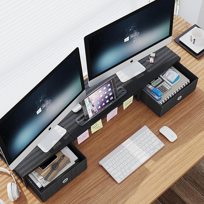 Mexin Dual Monitor Stand Riser with 2 Drawers - 39Inch Large Storage Computer Monitor Stands for 2 Monitors, Wooden Desktop Organizer Perfect for Home Office Desk, Computer, Laptop, TV, Black