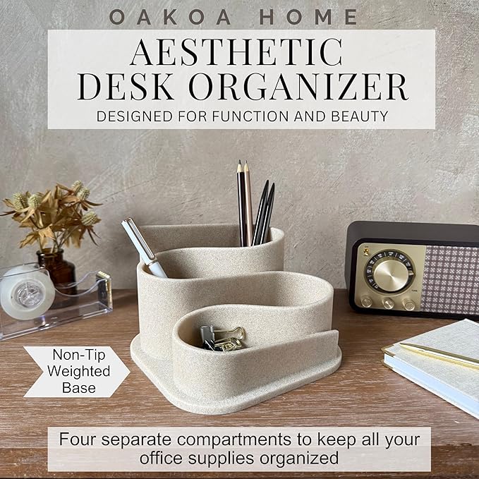 OAKOA Aesthetic Desk Organizer Pen Holder - Aesthetic Desk Accessories - Neutral Beige Boho Office Desk Accessories - Home Office Essentials for Women - Cute Pencil Holder