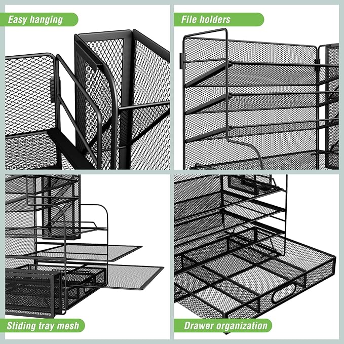 7 Tier Desk File Organizer Office storage Desk Accessories, Desktop Organizer for Office Supplies with Drawer and 2 Pen Holders (Black)