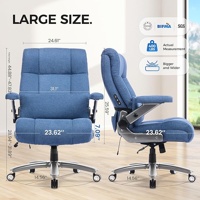 600LBS Big and Tall Massage Office Chair, Extra Wide Seat - 3D Kneading Massage & Heat Office Chair with Heavy Duty Metal Base, 3D Flip Arms, Fabric Ergonomic with Thick Spring Cushion