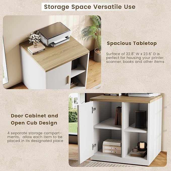 File Cabinet Under Desk Storage Cabinet with Door, Printer Stands with Open Adjustable Shelves, 23" Tall End Side Table for Office, Living Room, and Study, Light Walnut