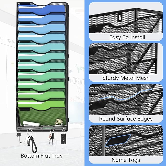 Kuntine.B Wall File Organizer Office Hanging Magazine Holder Wall File Organizer for Office Home (Black, 13 Tier & Key Holders)