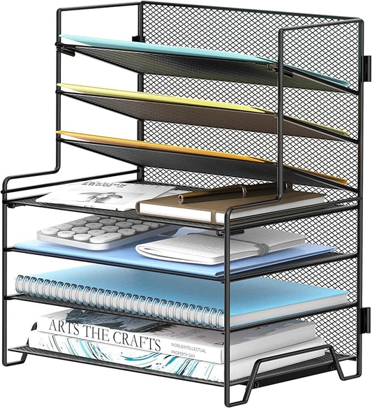 SUPEASY 7 Tier Desk File Organizer, Mesh Letter Tray Paper Organizer with File Holders, Metal Desktop Organizers and Accessories for Home Office Supplies, Black