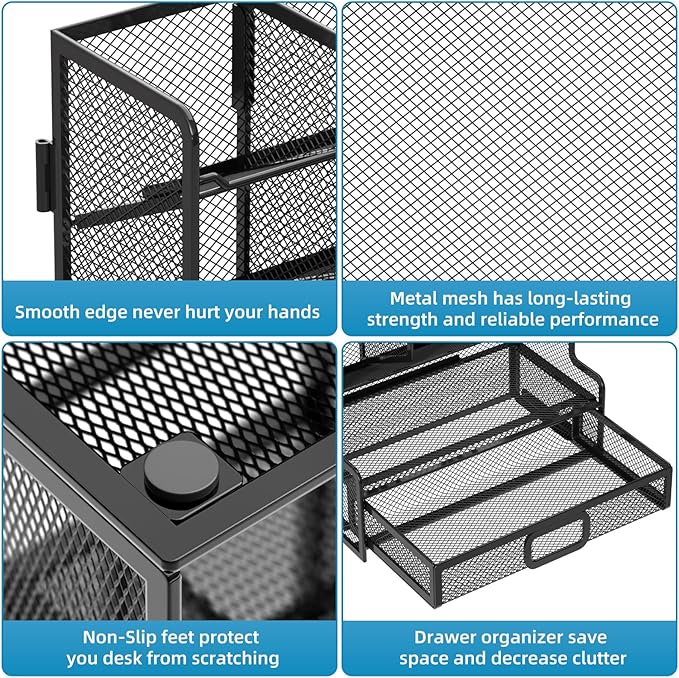 Marbrasse Larger Mesh Desk Organizer with Drawer, Multi-Functional Pen Pencil Holder, Easy Assembly, Desk Organizers and Accessories for Office Art Supplies (Black)