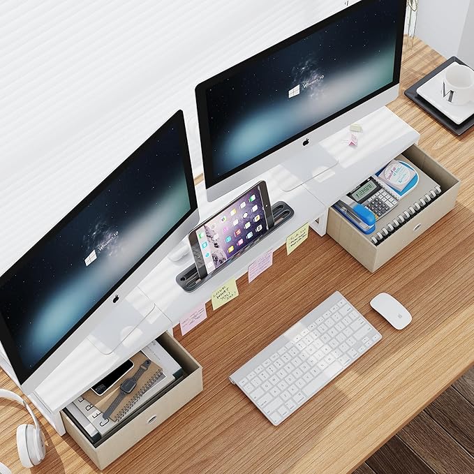Mexin Dual Monitor Stand Riser with 2 Drawers - 39Inch Large Storage Computer Monitor Stands for 2 Monitors, Wooden Desktop Organizer Perfect for Home Office Desk, Computer, Laptop, TV, White