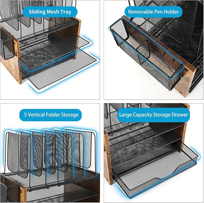 OPNICE Wood Desk Organizers and Accessories, 4-Tier Workspace Desktop Paper Organizer with Drawer, 5 Vertical File Holders and Pen Holder for Office Supplies