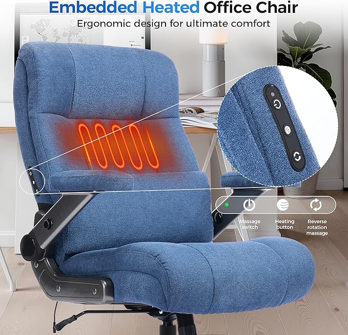 600LBS Big and Tall Massage Office Chair, Extra Wide Seat - 3D Kneading Massage & Heat Office Chair with Heavy Duty Metal Base, 3D Flip Arms, Fabric Ergonomic with Thick Spring Cushion